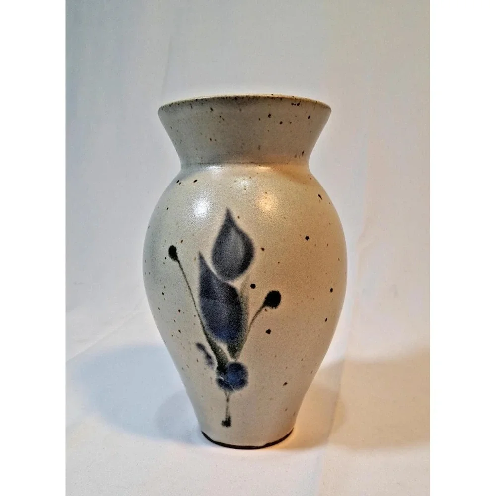 VTG 1988 Artist Signed Studio Pottery Speckled Blue Floral Stoneware Vase‎ 9.5